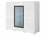  Modern, magas vitrinszekrény, 120 cm, nappaliba, 3 ajtós, fehér fényes üveg