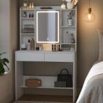 Brius Masa toaleta oglinda iluminare led reglabila 2 sertare pal, 90x40x145 cm, design modern, alb (EZ-RDT123T14)