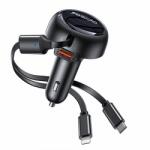 YESIDO Y61 autós töltő, 53W, 3A, 1 x USB-A, USB-C / Lightning kábellel, fekete