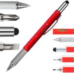 VERK GROUP 6 az 1-ben Multifunkciós Toll: Íróeszköz, Csavarhúzó, Érintőképernyős Toll, Vízmérték, Mérőszalag, Klipsz - Piros (06240_CZE)