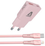  AVAX CH6418 NANO GaN USB-A + USB-C 30W hálózati gyorstöltő, rózsaszín + 27W USBC-Lightning töltőkábel 1.5m (AVAX CH6418) - bstrade