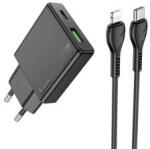 hoco. N38 hálózati töltő USB+Type-C aljzat (20W, PD gyorstöltő 3.0, vékony + lightning kábel) FEKETE (175002)