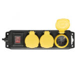 Somogyi Elektronic NVO 03K-5/BK/1, 5 hálózati elosztó, 5 m, kapcsolós, H05RR-F 3G1, 5 mm2, gumikábel, IP44 védelem, 3 aljzat gyermekvédelemmel és zárófedéllel, max. 3500W