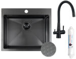 Laveo MALAWI fekete színű, struktúrált felületű beépíthető inox mosogató szifonnal, RIVECO vízszűrős szettel, 50x58x20 cm (OPSLMA_710F)