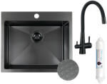 Laveo MALAWI fekete színű, struktúrált felületű beépíthető inox mosogató szifonnal, RIVECO vízszűrős szettel, 50x58x20 cm (SLMA_710F) - watermarkt