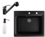 NERO Gránit Mosogató NERO Italia + Kihúzható Shower Csaptelep + Adagoló Matt Fekete