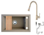 NERO Gránit Mosogató Nero Panama + Kihúzható Snake Csaptelep + Vágódeszka + Dugókiemelő Bézs