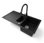 NERO Gránit Mosogató - Nero Solarys + Kihúzható Zuhanyfejes Snake Csaptelep + Dugókiemelő Matt Fekete SOG995-49CM61