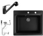 NERO Gránit Mosogató NERO Italia + Kihúzható Shower Csaptelep + Dugóemelő Matt Fekete
