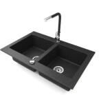 NERO Gránit Mosogatótálca Nero Verso + Kihúzható Linea Csaptelep + Dugókiemelő Fekete