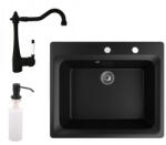 NERO Gránit Mosogató NERO Italia + Rusztikus Csaptelep + Adagoló Matt Fekete