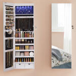 Brius Dulap de bijuterii cu oglinda, montare pe perete, lumini LED, 37x10x120cm, alb (EZ-JJC99WT)