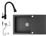 NERO Gránit Mosogató NERO Gold + Kihúzható Zuhanyfejes Snake Csaptelep + Dugókiemelő Fekete