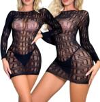  Mini Hálós Ruha Geometriai Csíkok Fekete Hosszú Ujjú Erotikus (K048)
