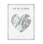  New York Usa Várostérkép poszter, szívvel, 21x29, 7 cm ezüst színű keret (MP1-0011_21X29,7,039)