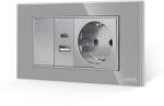 Luxion Intrerupator Simplu + Priza USB A+C + Priza Schuko cu Rama din Sticla LUXION, Standard Italian, 4M - culoare gri