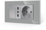 Luxion Intrerupator Simplu + Priza Ingusta + Priza Schuko cu Rama din Sticla LUXION, Standard Italian, 4M - culoare gri