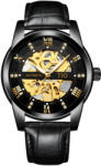 TIO Ceas barbatesc de mana TIO, Mecanic Automatic, Clasic, Indici luminosi, Elegant, Luxury, Analog, Piele naturala, Negru Ceas