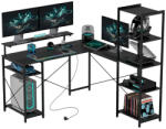 HomCom Sarok íróasztal töltőállomással, monitorállvánnyal és polcokkal, fekete (836-591V90BK)