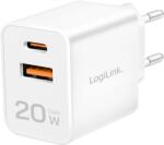 LogiLink Kettős USB-s töltő, 20 W, GaN, 1x USB-C (PD), 1x USB-A, fehér