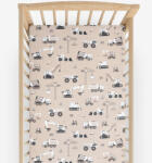 Goldea gyerek körgumis pamut lepedő kiságyba - teherautók és markolók bézs alapon 70 x 140 cm