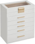 Brius Cutie bijuterii 6 niveluri, cu capac din sticla si 5 sertare, 16x25x29 cm, alb auriu (EZ-JBC171W01)