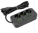 Kobi 3-as elosztó, kapcsolóval (3 földelt + 4 USB-A + 1 USB-C) fekete - 3 m vezetékkel (KOBI-001925)