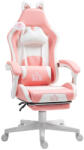 HomCom Gamer Szék Macskafülekkel, Dönthető háttámlával, lábtartóval, Rózsaszín/Fehér
