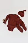 BabyCosy Set 3 piese: body cu maneca lunga, pantaloni lungi cu botosei si caciulita din bumbac organic si modal - Caramiziu, BabyCosy (Marime: 3-6 Luni) (BC-CSYM23501-3)