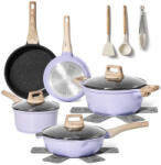 Just Perfecto JL-34 edénykészlet, 13 darabos, alumínium, márvány felülettel, üvegfedővel és gőzölőnyílással, PTFE és PFOA mentes, indukciós, lila