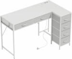 HomCom Sarok íróasztal 6 Fiókkal, Oldalsó Akasztóval és Beépített Aljzatokkal, Fa és Acél, 126x48x80 cm, Fehér