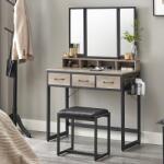 Brius Masuta toaleta 90x40x141 cm, cu 3 sertare, oglinda tripla si taburet, lemn si otel, gri si negru (EZ-RVT004B02)
