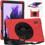  360 Tartós hibrid borítás szíjjal és kéztartóval Samsung Galaxy Tab S7 FE T736-hoz - Fekete/piros (101237752E)