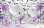MÉDIA Öntapadó és mosható falfestmény Lila pitypang, fehér téglafal, szívek, 250 x 200 cm (FOTOTAP9280)