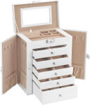SONGMICS Ékszertartó doboz 5 fiókkal és tükörrel, fehér 26x15x32cm