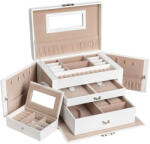 SONGMICS Ékszertartó doboz 2 fiókkal és tükörrel, fehér 26x18x17cm