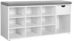 VASAGLE Cipőtároló pad, fiókkal és nyitott rekeszekkel, párnázott ülőfelülettel, fehér és szürke 104x30x48cm - edeco