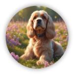  65x65mm-es kör alakú mágnes - cocker spániel virágokban (MAGNET-65x65-KRUH-54)
