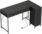 HomCom Sarokasztal 6 Fiókkal, Oldalsó Akasztóval és Beépített Aljzatokkal, Fa és Acél, 126x48x80 cm, Fekete