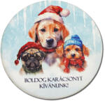  Nyomtatott fa tábla koszorú közép - Boldog karácsonyt kutyusos 14, 8cm