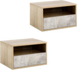 HOMCOM Set de 2 Noptiere Suspendate din Lemn cu Sertar și Raft Deschis, Design Modern, Gri și Lemn, Dimensiuni 45x35x27.5cm | Aosom Romania (831-478GY)