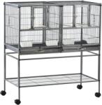 PawHut Colivie Dubla pentru Pasari din Metal cu Tavi Detasabile Suport cu 4 Roti si Raft, 95x45.5x102cm, Neagra Gri | Aosom Romania (D10-052)