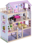 HOMCOM Casă de Păpuși pentru Copii 3+ Ani din Lemn de Pin și MDF cu 4 Etaje și 13 Accesorii, 60x30x80 cm, Roz | Aosom Romania (350-011) Casuta papusi