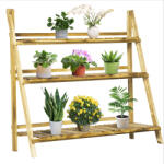 Outsunny Suport Pliabil pentru Plante din Lemn de Brad cu 3 Nivele, 100x37x93 cm, Lemn Natural | Aosom Romania (845-113)