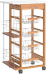HOMCOM Cărucior de Bucătărie din Lemn Maro, Suport Alimente, 1 Sertar, 4 Coșuri Metalice, MDF, Lemn de Pin, Metal, 47x37x83cm | Aosom Romania (801-121V01ND)