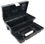 Madal Bal EXTOL szerszámosláda, műanyag, alucsatos, tálcával, fekete, lakatolható; 16", 415×220×200mm, rendező felül (3385070)