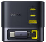 Baseus Super GaN töltőállomás 100W, 1×USB Type-A + 2×USB Type-C + USB Type-C automata behúzós kábel, fekete (P10164001123-00) - scom