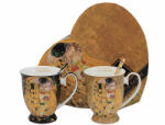 Queen Isabell Klimt porcelán bögre szett kanállal - 300 ml - fekete/aranybarna - szív dobozos (IMO-PP-W25KL10-18966)