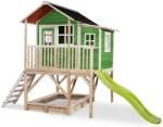 EXIT Toys Căsuță din cedru pe stâlpi Loft 550 Green Exit Toys mare cu acoperiș impermeabil nisipar și tobogan de 1, 75 m verde (ET50062200) Casuta pentru copii
