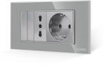 Luxion Intrerupator Dublu + Priza Ingusta + Priza Schuko cu Rama din Sticla LUXION, Standard Italian, 4M - culoare gri